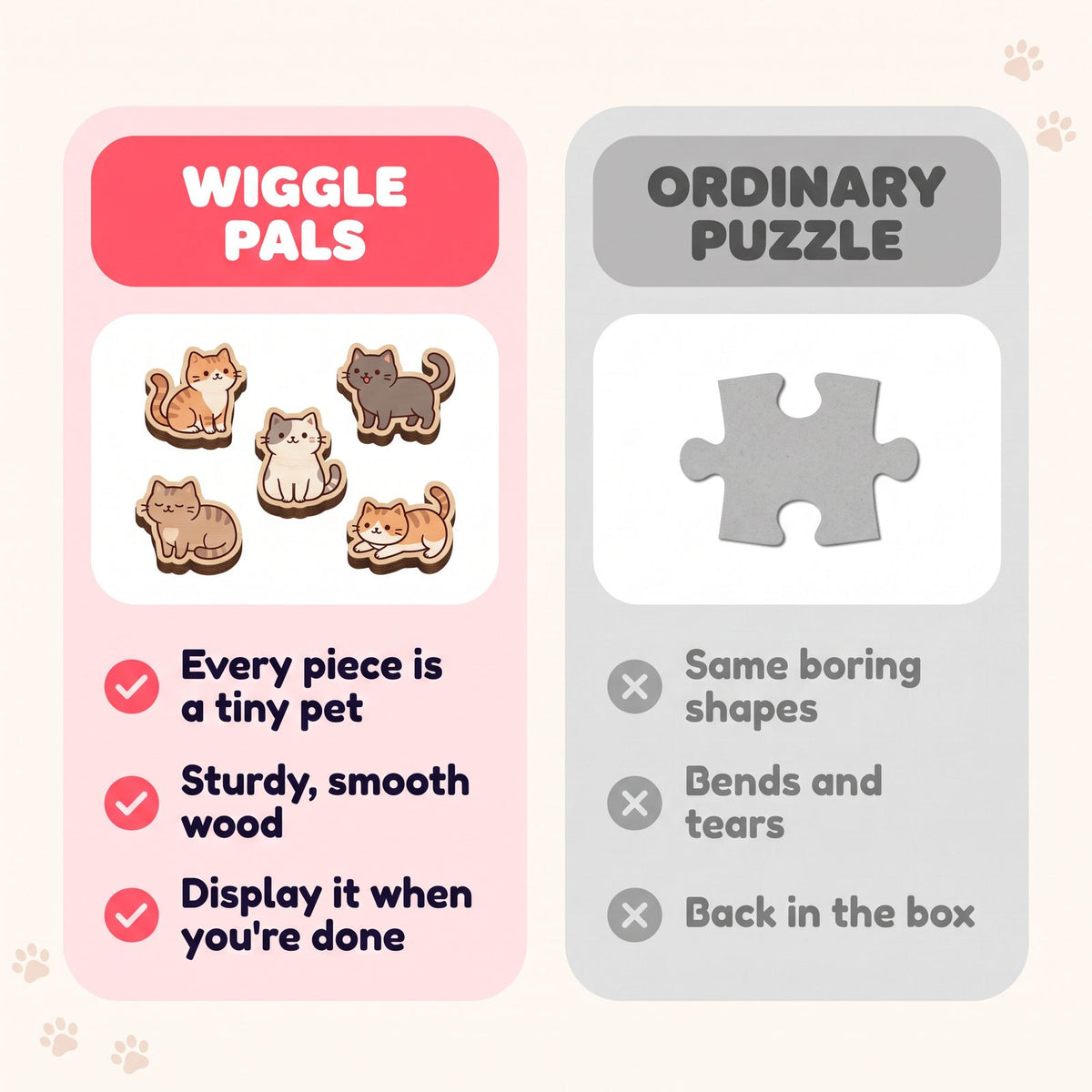 Wiggle Pals vs ordinary puzzle: every piece is a tiny pet, sturdy smooth wood, display it when you're done