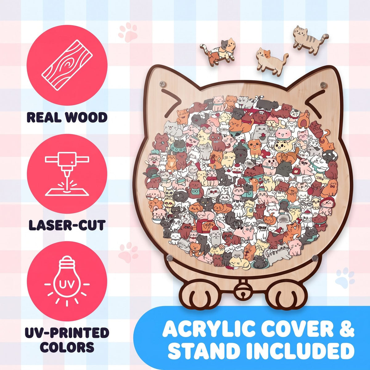Real wood, laser-cut, UV-printed colors, acrylic cover and stand included