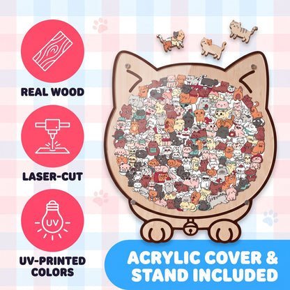 Real wood, laser-cut, UV-printed colors, acrylic cover and stand included